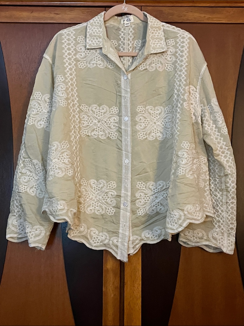 POL Women's Cream Lace-Embroidered Button-Front Blouse One Size NWOT